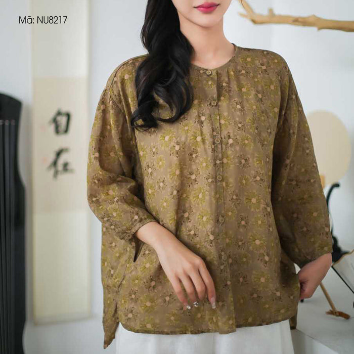 Áo sơ mi linen tay lửng cổ tròn in hoa lá một túi nhỏ - NU8216