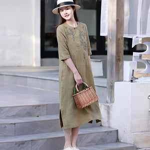 Đầm liền linen ngắn tay cổ tròn một khuy thêu hoa lá - NU8506