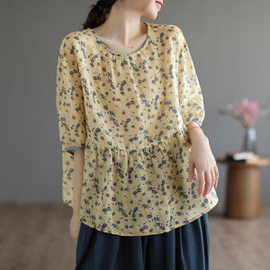 Áo T-shirt linen ngắn tay cổ tròn thắt nơ sau in hoa lá - NU7406