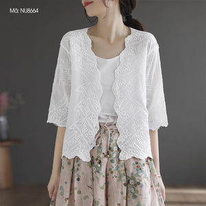 Áo khoác cardigan linen ngắn tay thêu hoa văn cổ V - NU8663