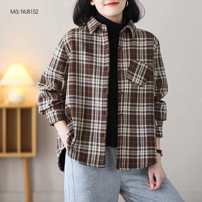 Áo sơ mi retro dài tay cổ đức kẻ sọc caro chần bông - NU8151