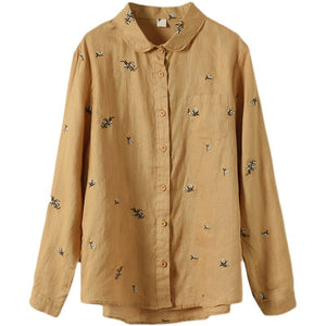Áo sơ mi linen dài tay cổ pipi thêu hoa cafe - NU7482