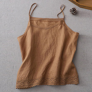 Áo T-shirt linen hai dây sát nách cổ V kiểu ren viền - NU8418