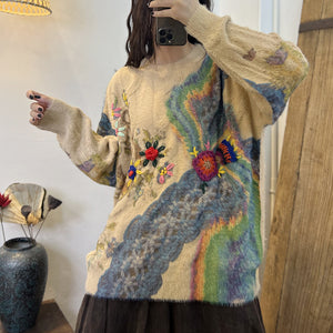 Áo len cashmere dài tay cổ tròn form rộng móc hoa màu sắc - NU7795