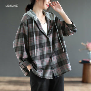 Áo sơ mi dài tay có mũ kẻ sọc caro - NU8058
