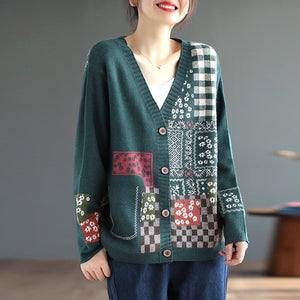 Áo khoác len cashmere dài tay cổ V hoa văn trừu tượng - NU7722