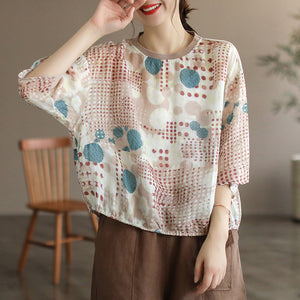 Áo T-shirt linen ngắn tay cổ tròn bo thun in hoa văn - NU7302