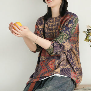 Áo len cashmere dài tay cổ tròn hoa văn thổ cẩm - NU8132