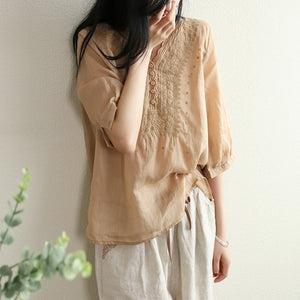 Áo sơ mi linen ngắn tay cổ V thêu hoa lá đồng màu - NU7273