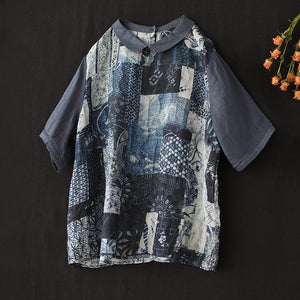 Áo sơ mi linen ngắn tay cổ in hoa văn trừu tượng khuy cài sau - NU7216