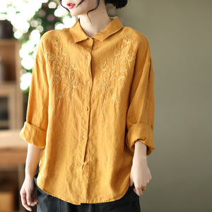 Áo sơ mi linen dài tay cổ đức thêu hoa đối xứng - NU6676