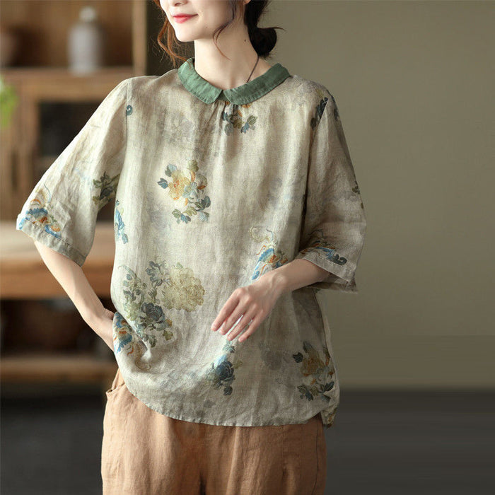 Áo sơ mi linen ngắn tay cổ pipi họa tiết hoa lá - NU6806