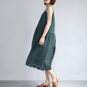 Đầm liền linen hai dây form xòe thêu hoa lá - NU6941