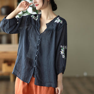 Áo sơ mi linen ngắn tay cổ V thêu hoa lá đối xứng - NU7526