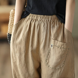 Quần baggy linen lưng thun ba túi thêu hoa lá - NU6815