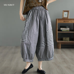 Quần baggy lưng thun chắp vá mảng caro - NU8618