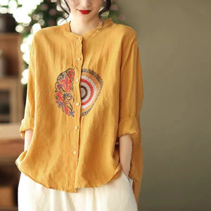Áo sơ mi linen dài tay cổ tàu thêu hoa văn retro trước ngực - NU6708
