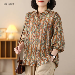 Áo sơ mi linen dài tay cổ đức in hình retro form rộng - NU8314