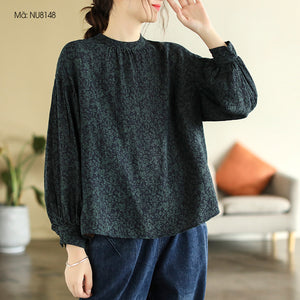 Áo sơ mi linen dài tay cổ tròn in hoa lá liti - NU8147