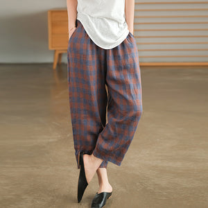 Quần baggy linen kẻ caro lưng thun hai túi chéo - NU7063