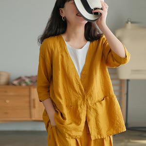 Áo sơ mi linen ngắn tay cổ V form rộng - NU5582