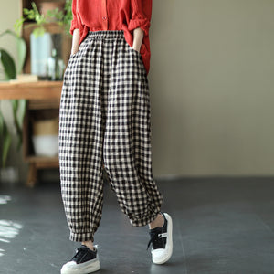 Quần baggy linen lưng thun kẻ sọc caro ống túm - NU7111