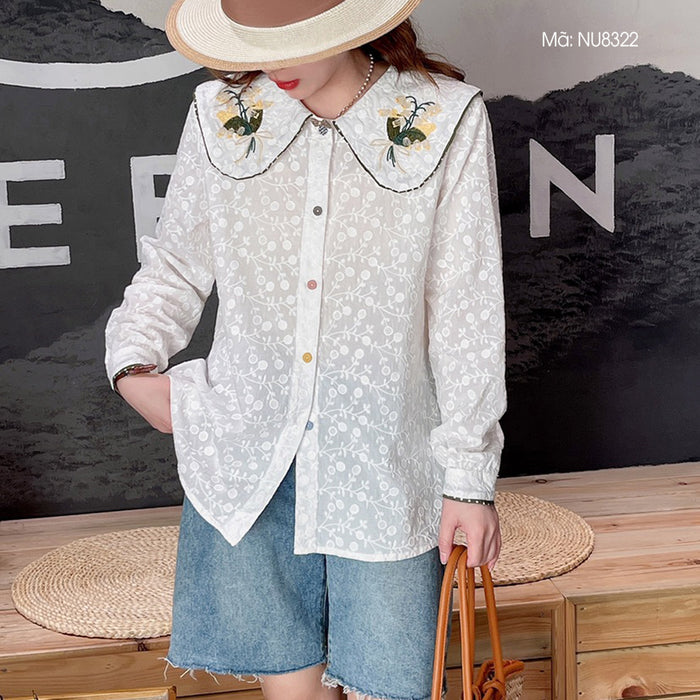 Áo sơ mi linen Morigirl dài tay cổ áo thêu đối xứng - NU8322