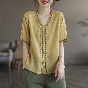 Áo sơ mi linen ngắn tay cổ V khuy tròn hoa văn thổ cẩm - NU6965