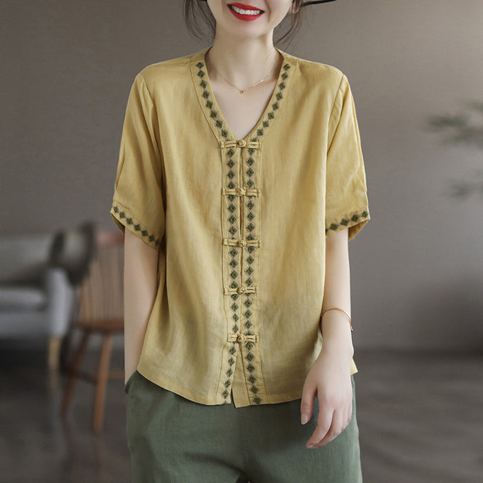 Áo sơ mi linen ngắn tay cổ V khuy tròn hoa văn thổ cẩm - NU6965