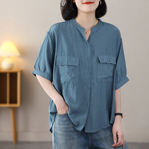 Áo sơ mi linen ngắn tay cổ V hai túi vuông - NU8560