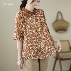 Áo sơ mi linen ngắn tay cổ pipi phối màu khuy sau in hoa lá - NU8435