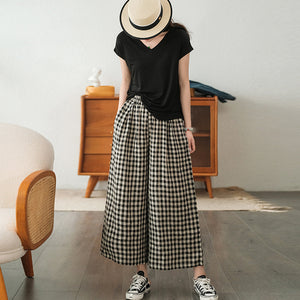 Quần baggy linen lưng thun kẻ sọc caro ống rộng - NU7114
