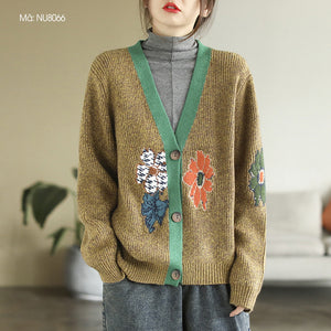 Áo khoác len cardigan dài tay cổ V móc những bông hoa - NU8065