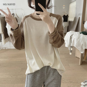 Áo T-shirt dệt kim dài tay phối lệch màu cổ tròn - NU8099