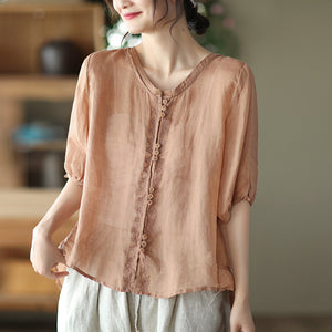 Áo sơ mi linen ngắn tay cổ lá sen ba khuy kiểu thêu hoa văn - NU7164