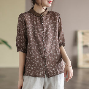 Áo sơ mi linen ngắn tay cổ pipi in hoa lá  - NU6834
