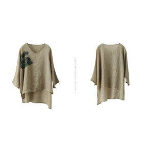 Áo T-shirt linen ngắn tay cổ V lệch tà in cỏ ba lá - NU7368