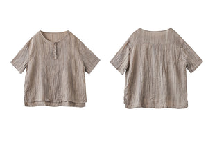 Áo T-shirt linen ngắn tay cổ tròn bốn khuy - NU7421