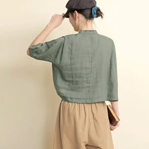 Áo sơ mi linen ngắn tay cổ đứng hai túi vuông  - NU7418