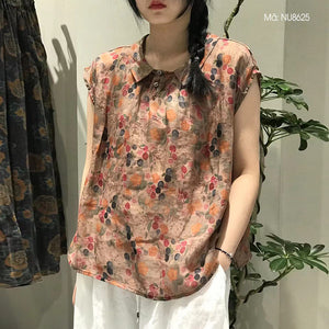 Áo sơ mi linen sát nách cổ pipi in hoa văn retro - NU8624
