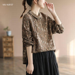 Áo sơ mi linen dài tay cổ đức xếp ly in hoa lá - NU8106