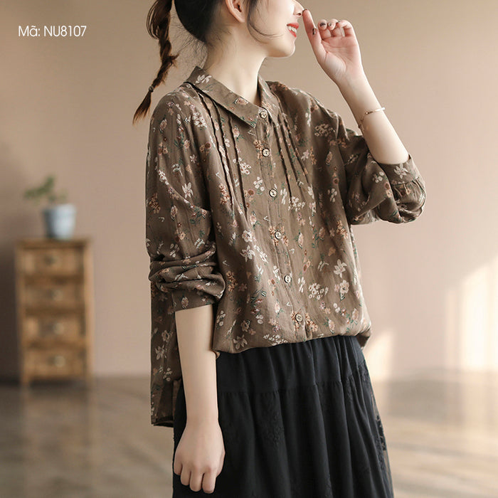 Áo sơ mi linen dài tay cổ đức xếp ly in hoa lá - NU8106