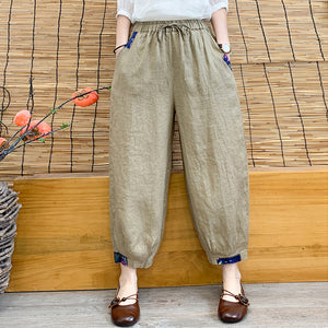 Quần baggy linen lưng thun dây rút ống túm phối vải màu - NU7154