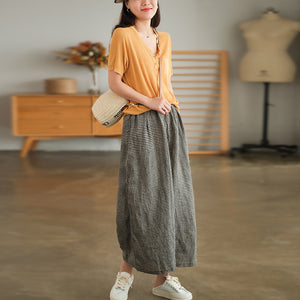 Quần baggy linen lưng thun kẻ sọc caro nhỏ ống rộng - Q258