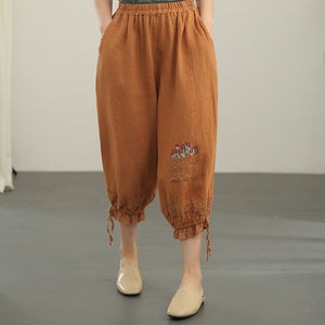 Quần baggy linen lưng thun thêu giỏ hoa ống túm dây rút - NU6631