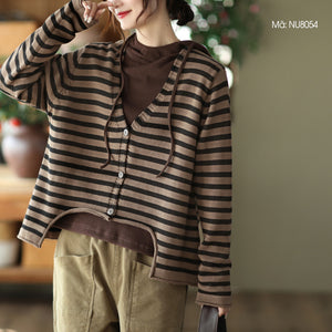 Áo khoác len cardigan dài tay cổ V kẻ sọc  - NU8053