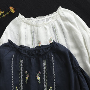 Áo sơ mi linen ngắn tay cổ tròn thêu hoa đối xứng - NU8211