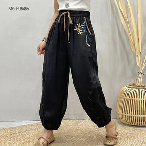 Quần baggy linen lưng thun thêu hoa hoa lá ống túm - NU8455