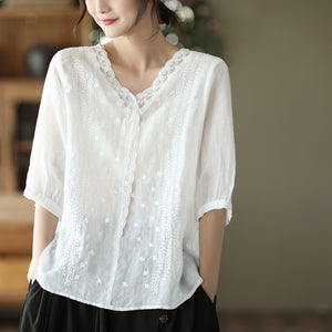 Áo sơ mi linen ngắn tay cổ V thêu ren và dây leo - NU7050