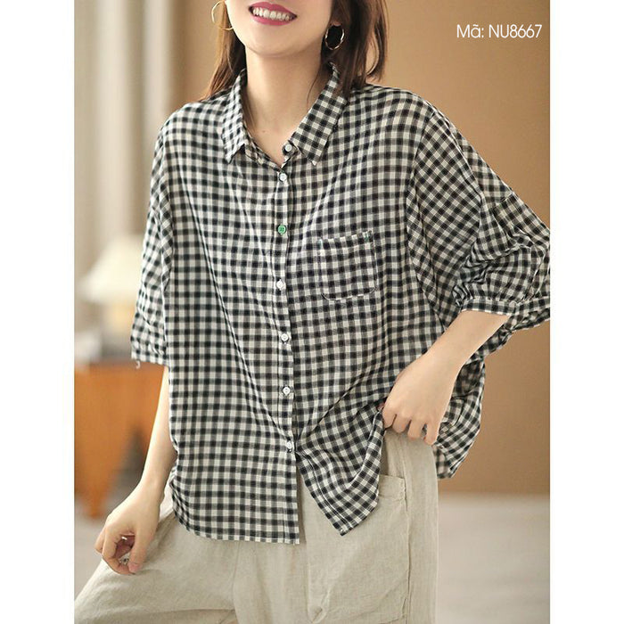 Áo sơ mi caro ngắn tay cổ đức một túi nhỏ - NU8667